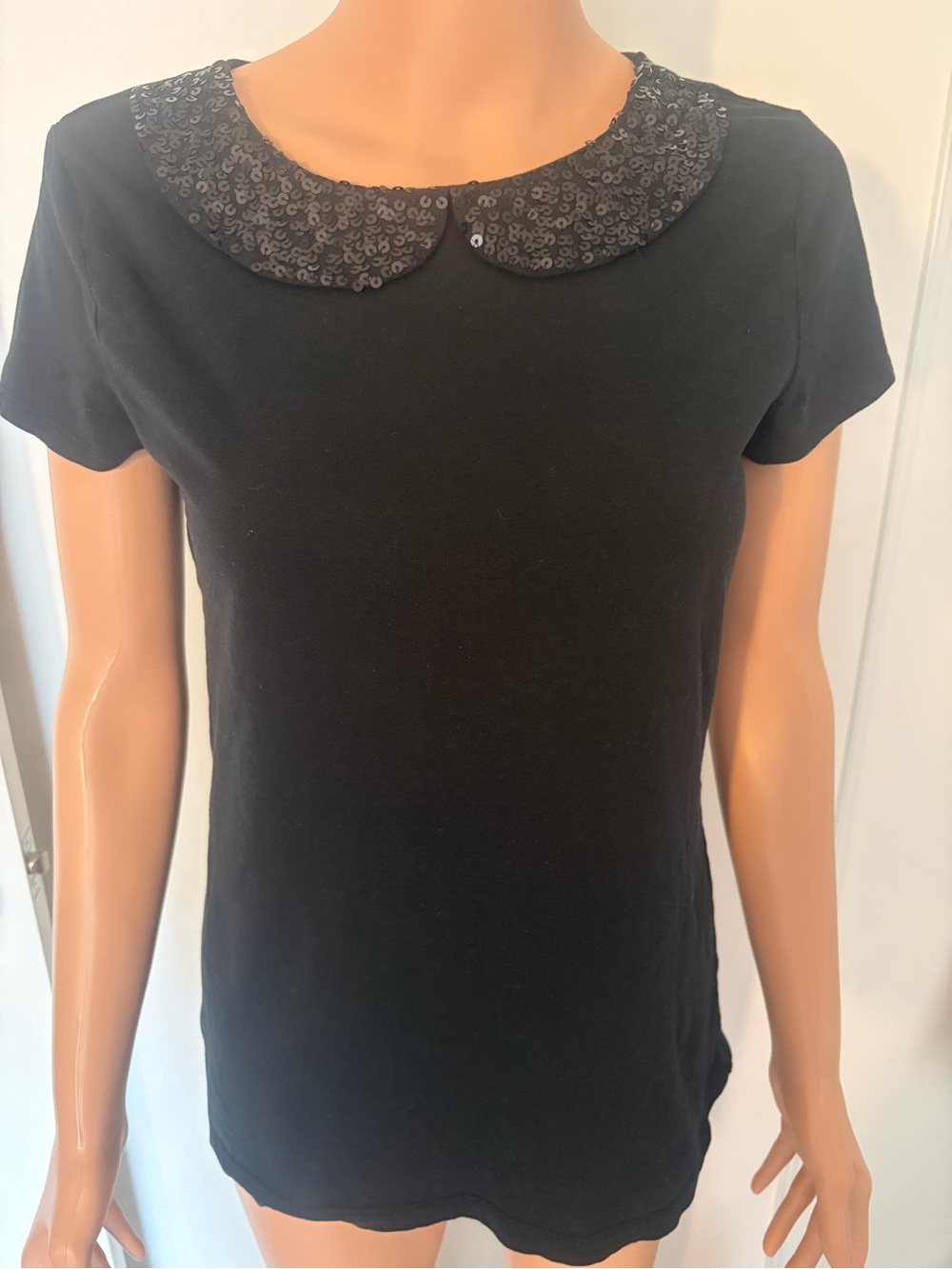 LOFT Black Short-Sleeve Top with Sequin Peter Pan Collar